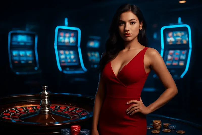 Elegant woman in red dress near roulette and slot machines